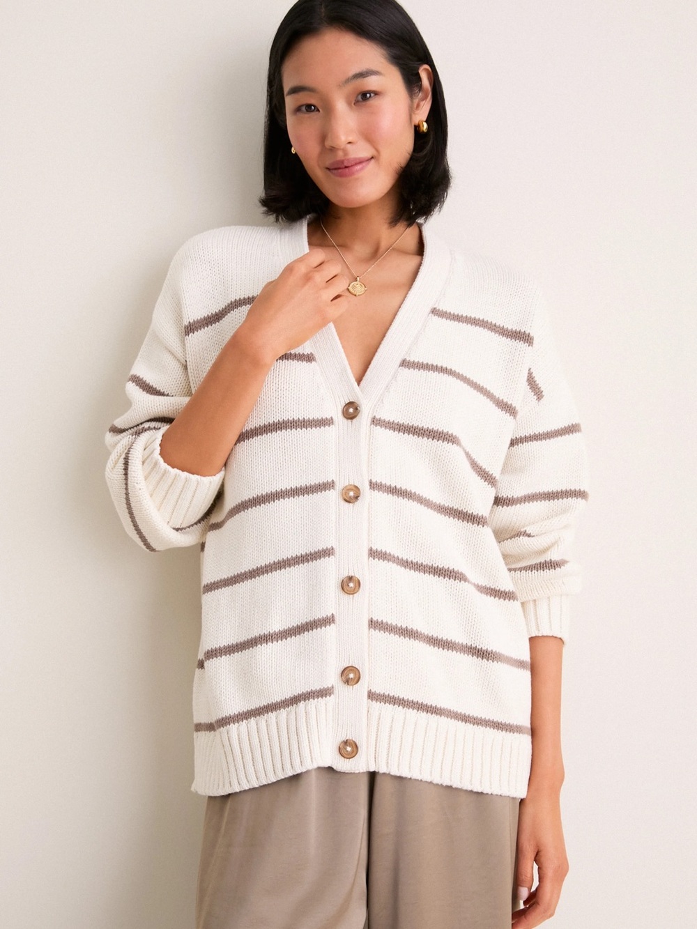 Jenni Kayne Chloe Ivory and Taupe Stripe Cardigan sz Medium